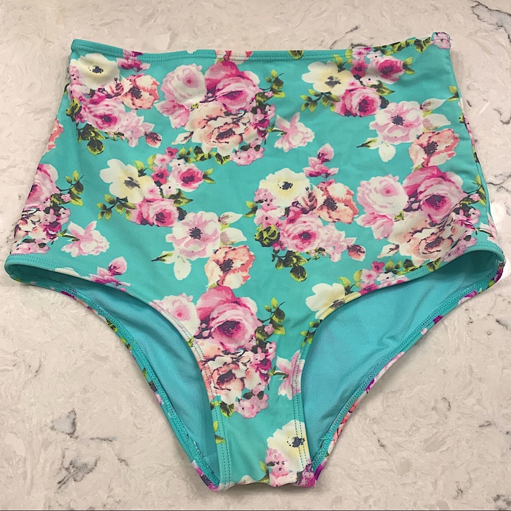 Floral High-Waist Bikini Bottoms - Aqua Pink Floral